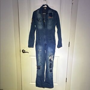Distressed Denim Jumpsuit with Patches